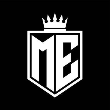 ME Letter Logo monogramı. Siyah ve beyaz tasarım şablonlu kalın kalkan geometrik şekli.