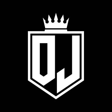 OJ Harf Logosu koyu renkli kalkan geometrik şekli ile kaplama dış hatları siyah ve beyaz tasarım şablonu