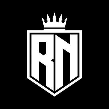 RN Harfi Logosu monogramı. Siyah ve beyaz tasarım şablonlu kalın kalkan geometrik şekli.