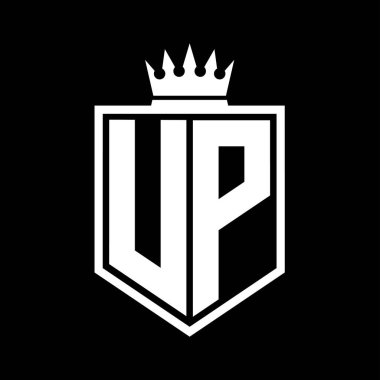 UP Harfi Logosu monogramı. Siyah ve beyaz tasarım şablonlu kalın kalkan geometrik şekli.