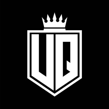 UQ Harf Logosu koyu renkli kalkan geometrik şekli ve taç hatları siyah ve beyaz tasarım şablonu