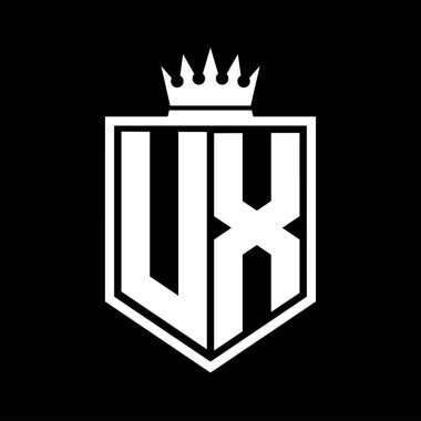 UX Harf Logosu koyu renkli kalkan geometrik şekli ile kaplama dış hatları siyah ve beyaz tasarım şablonu