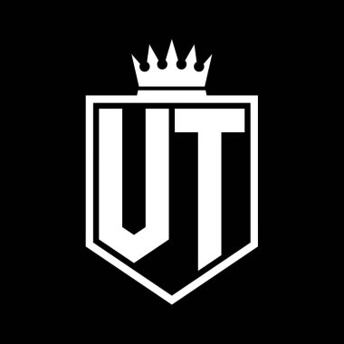 VT Harf Logosu monogramı. Siyah ve beyaz tasarım şablonlu kalın kalkan geometrik şekli.