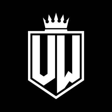 VW Harf Logosu monogramı. Siyah ve beyaz tasarım şablonlu kalın kalkan geometrik şekli.