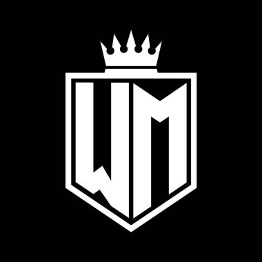 WM Harf Logosu monogramı. Siyah ve beyaz tasarım şablonlu kalın kalkan geometrik şekli.