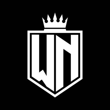 WN Letter Logo monogramı. Siyah ve beyaz tasarım şablonlu kalın kalkan geometrik şekli.