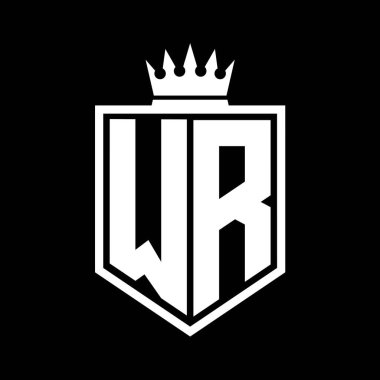 WR Harf Logosu koyu renkli kalkan geometrik şekli ile kaplama dış hatları siyah ve beyaz tasarım şablonu