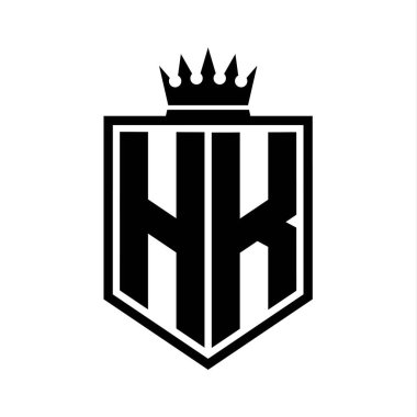 HK Harf Logosu koyu renkli kalkan geometrik şekli ve taç ana hatları siyah-beyaz tasarım şablonu