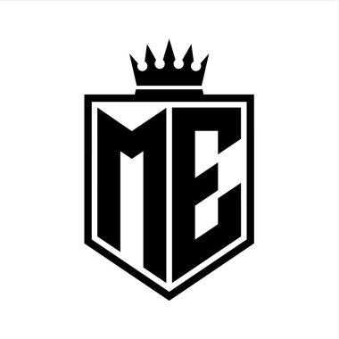 ME Letter Logo monogramı. Siyah ve beyaz tasarım şablonlu kalın kalkan geometrik şekli.
