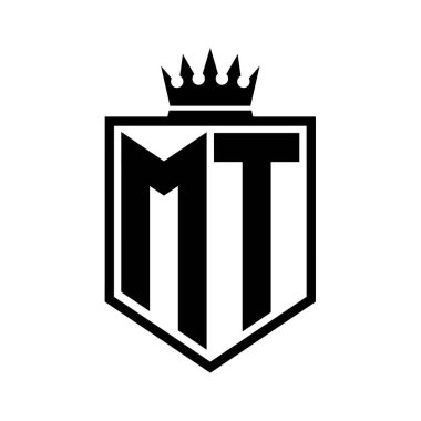 MT Harf Logosu monogramı. Siyah ve beyaz tasarım şablonlu kalın kalkan geometrik şekli.