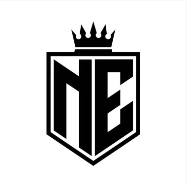 NE Harfi Logosu monogramı. Siyah ve beyaz tasarım şablonlu kalın kalkan geometrik şekli.
