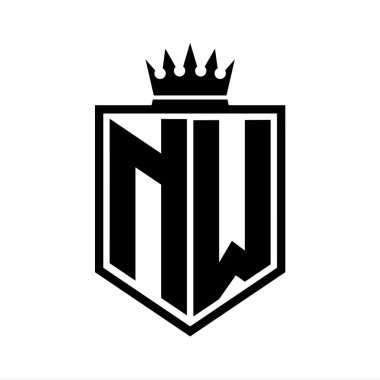 NW Harf Logosu koyu renkli kalkan geometrik şekli ve taç hatları siyah-beyaz tasarım şablonu