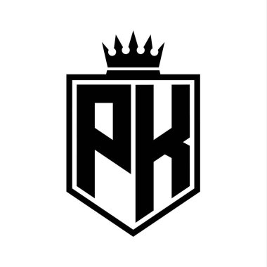 PK Harf Logosu monogramı. Siyah ve beyaz tasarım şablonlu kalın kalkan geometrik şekli.