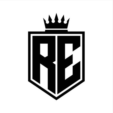 RE Harfi Logosu monogramı. Siyah ve beyaz tasarım şablonlu kalın kalkan geometrik şekli.