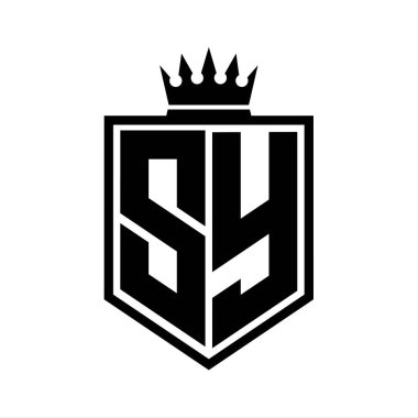 SY Letter Logosu koyu renkli kalkan geometrik şekli ve siyah-beyaz tasarım şablonu