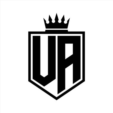 VA Harf Logosu monogramı. Siyah ve beyaz tasarım şablonlu kalın kalkan geometrik şekli.