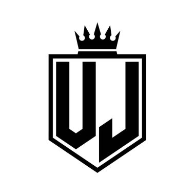 VJ Harf Logosu monogramı. Siyah ve beyaz tasarım şablonlu kalın kalkan geometrik şekli.