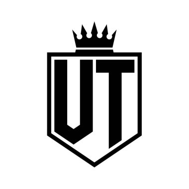 VT Harf Logosu monogramı. Siyah ve beyaz tasarım şablonlu kalın kalkan geometrik şekli.