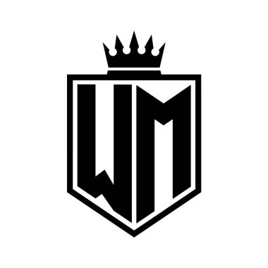 WM Harf Logosu monogramı. Siyah ve beyaz tasarım şablonlu kalın kalkan geometrik şekli.