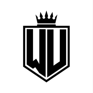 WU Harf Logosu koyu renkli kalkan geometrik şekli ve taç hatları siyah ve beyaz tasarım şablonu