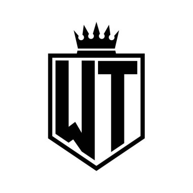 WT Harfi Logosu monogramı. Siyah ve beyaz tasarım şablonlu kalın kalkan geometrik şekli.