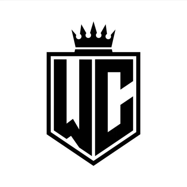 WC Letter Logo monogram bold shield geometric shape with crown outline black and white style design template