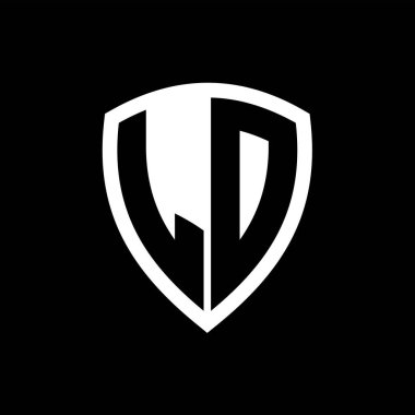 Kalın harfli LD monogram logosu siyah ve beyaz renk desenli kalkan şekli
