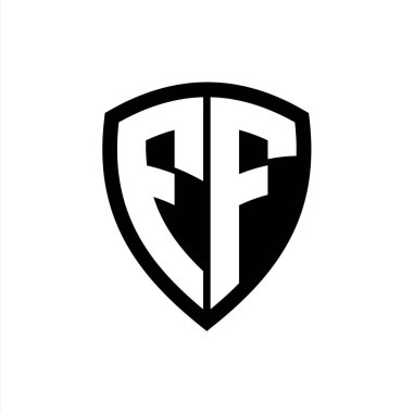 FF monogram logosu koyu harfli kalkan şeklinde siyah ve beyaz renk tasarım şablonu