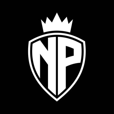 NP Harfi Siyah ve beyaz renk tasarım şablonu ile kalkan ve taç ana hatlı kalın monogram