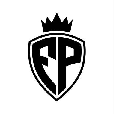 FP Harfi Siyah ve beyaz renk tasarım şablonu ile kalkan ve taç ana hatlı cesur monogram
