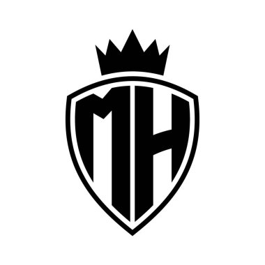 MH Harf Kalkan ve taç ana hatları siyah ve beyaz renk tasarım şablonu ile kalın monogram