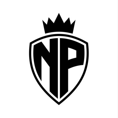 NP Harfi Siyah ve beyaz renk tasarım şablonu ile kalkan ve taç ana hatlı kalın monogram