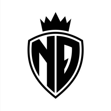 NQ Harfi Siyah ve beyaz renk tasarım şablonu ile kalkan ve taç ana hatları şekilli kalın monogram