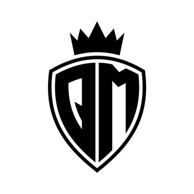 QM Letter bold monogram with shield and crown outline shape with black and white color design template clipart