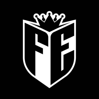 FE Harfi Kalkan şekli ve kalkanın içinde keskin taç siyah ve beyaz renk tasarım şablonu ile cesur monogram