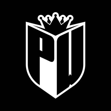 Kalkan şekli ve kalkanın içinde keskin taç içeren koyu harfli siyah beyaz renk tasarım şablonu