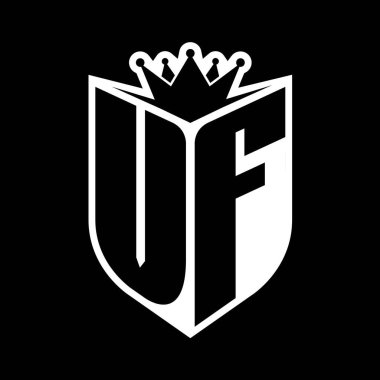 Kalkan şekli ve kalkanın içinde keskin taç içeren koyu harfli siyah beyaz renk tasarım şablonu