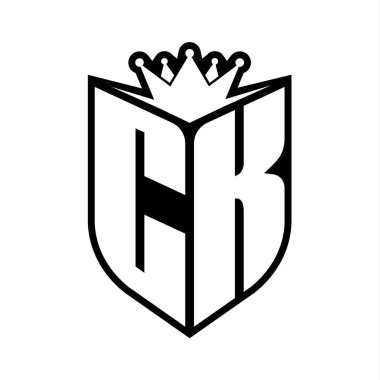 CK Letter bold monogram with shield shape and sharp crown inside shield black and white color design template clipart