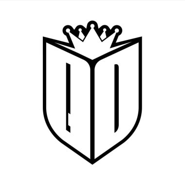 Kalkan şekli ve kalkanın içinde keskin taç içeren koyu harfli siyah beyaz renk tasarım şablonu