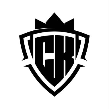 CK Letter bold monogram with triangle curve shield shape with crown black and white background color design template clipart