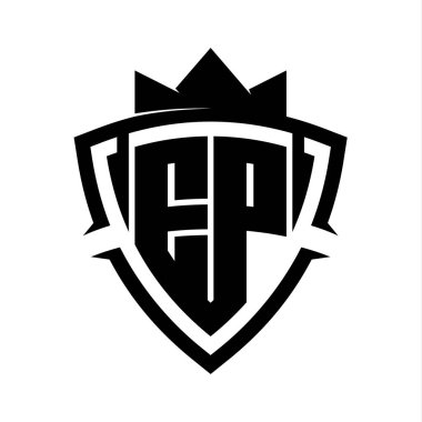 EP Harfi, üçgen eğri kalkanı şekilli koyu harfli, taç siyah ve beyaz arkaplan renk tasarımı şablonu