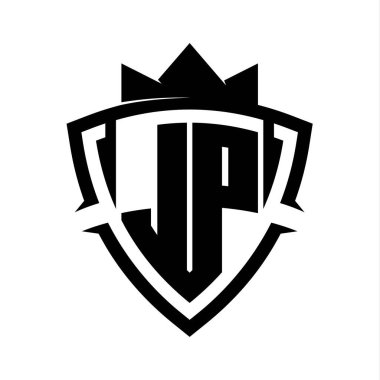 JP Letter bold monogram with triangle curve shield shape with crown black and white background color design template clipart