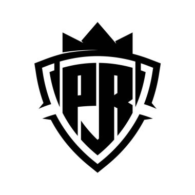 PR Harfi Siyah ve beyaz arkaplan renk tasarım şablonu ile üçgen eğri kalkan şekli ile kalın monogram