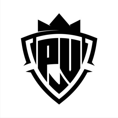 PV Harfi, üçgen eğri kalkan şekilli koyu harfli, taç siyah ve beyaz arkaplan renk tasarımı şablonu.