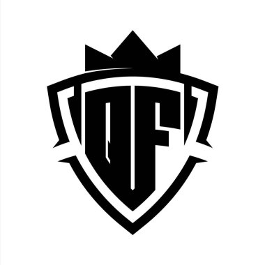 QF Harfler üçgen eğri kalkan şekilli kalın monogram taç siyah ve beyaz arkaplan renk tasarımı şablonu