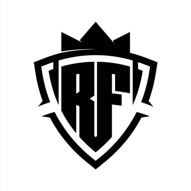 RF Harfi, üçgen eğri kalkan şekilli koyu harfli, taç siyah ve beyaz arkaplan renk tasarımı şablonu.