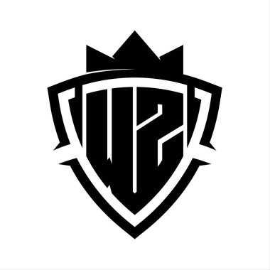 WZ Harfi, üçgen eğri kalkan şekilli koyu harfli, taç siyah ve beyaz arkaplan renk tasarımı şablonu.