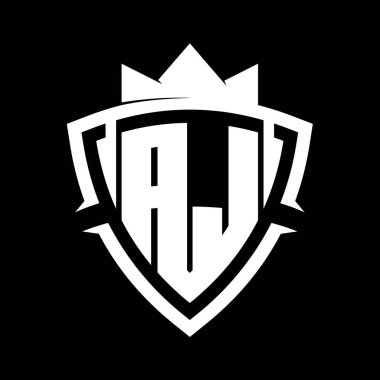 AJ Harfi, üçgen eğri kalkan şekilli koyu harfli, beyaz ve siyah arkaplan renk tasarımı şablonlu.