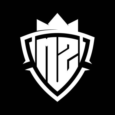 MZ Harfi, üçgen eğri kalkan şekilli koyu harfli, beyaz ve siyah arkaplan renk tasarımı şablonlu.