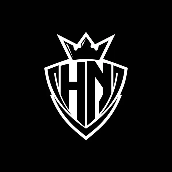stock image HN Bold letter logo with sharp triangle shield shape with crown inside white outline on black background template design